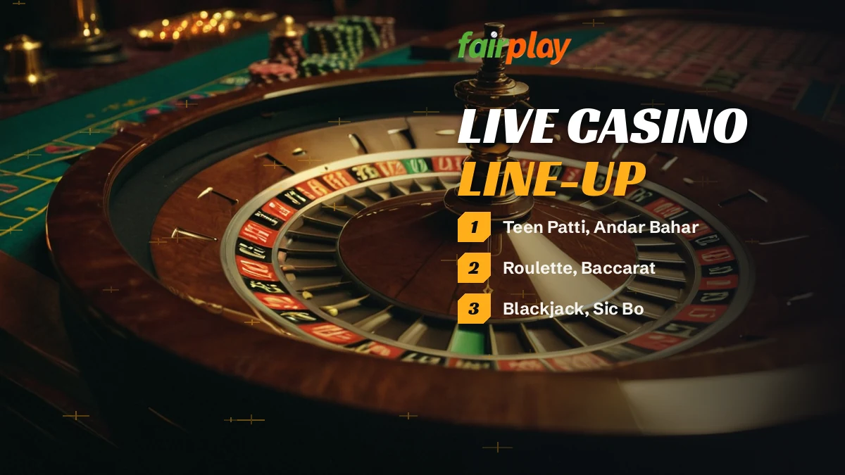 Roulette wheel, card shoe and three dice arranged across a felt casino layout