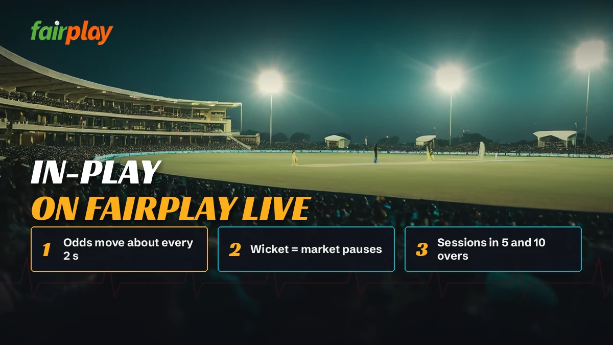 Floodlit stadium crowd as a wicket review pauses the in-play betting markets