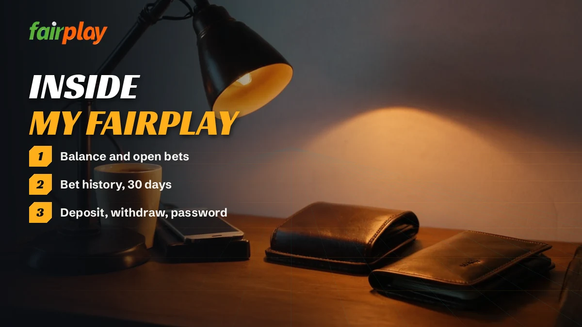 Laptop screen with account tiles for balance, open bets and withdrawals in a FairPlay session